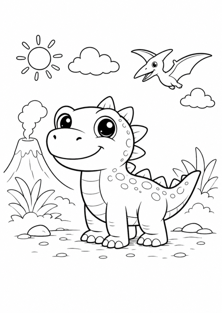 Cute baby dinosaur standing in a prehistoric landscape coloring page