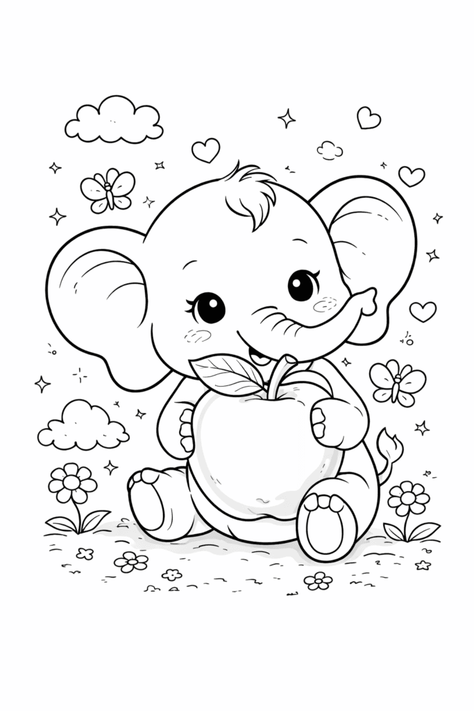 cute baby elephant with apple coloring page free printable