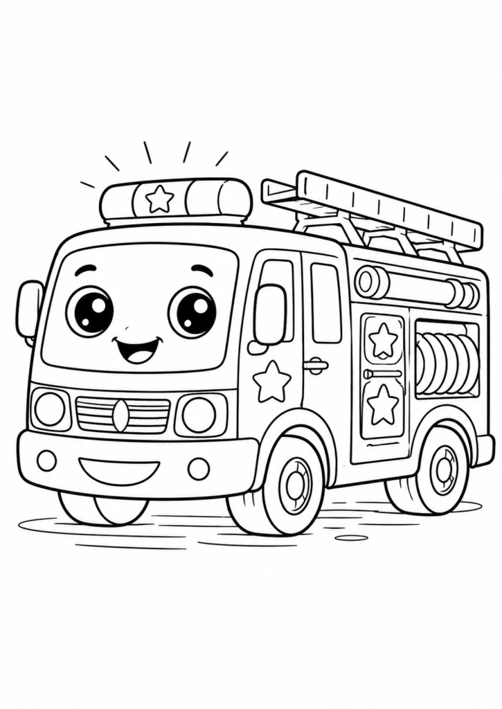 Cute smiling fire truck with a rescue ladder printable coloring page for toddlers