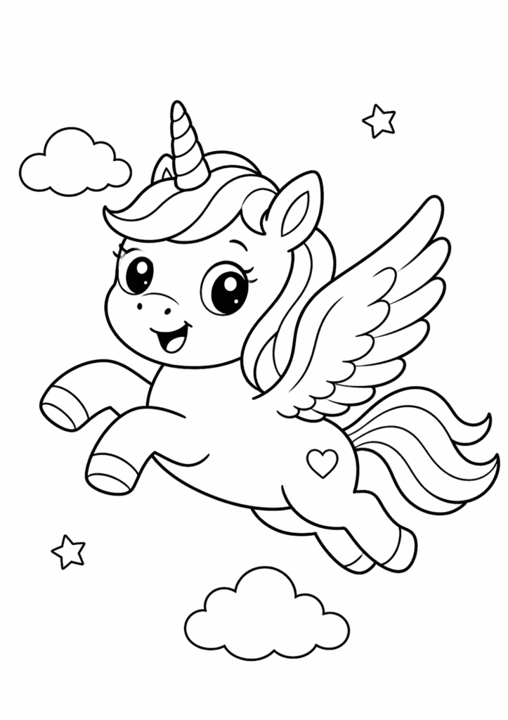 flying unicorn coloring page simple for kids
