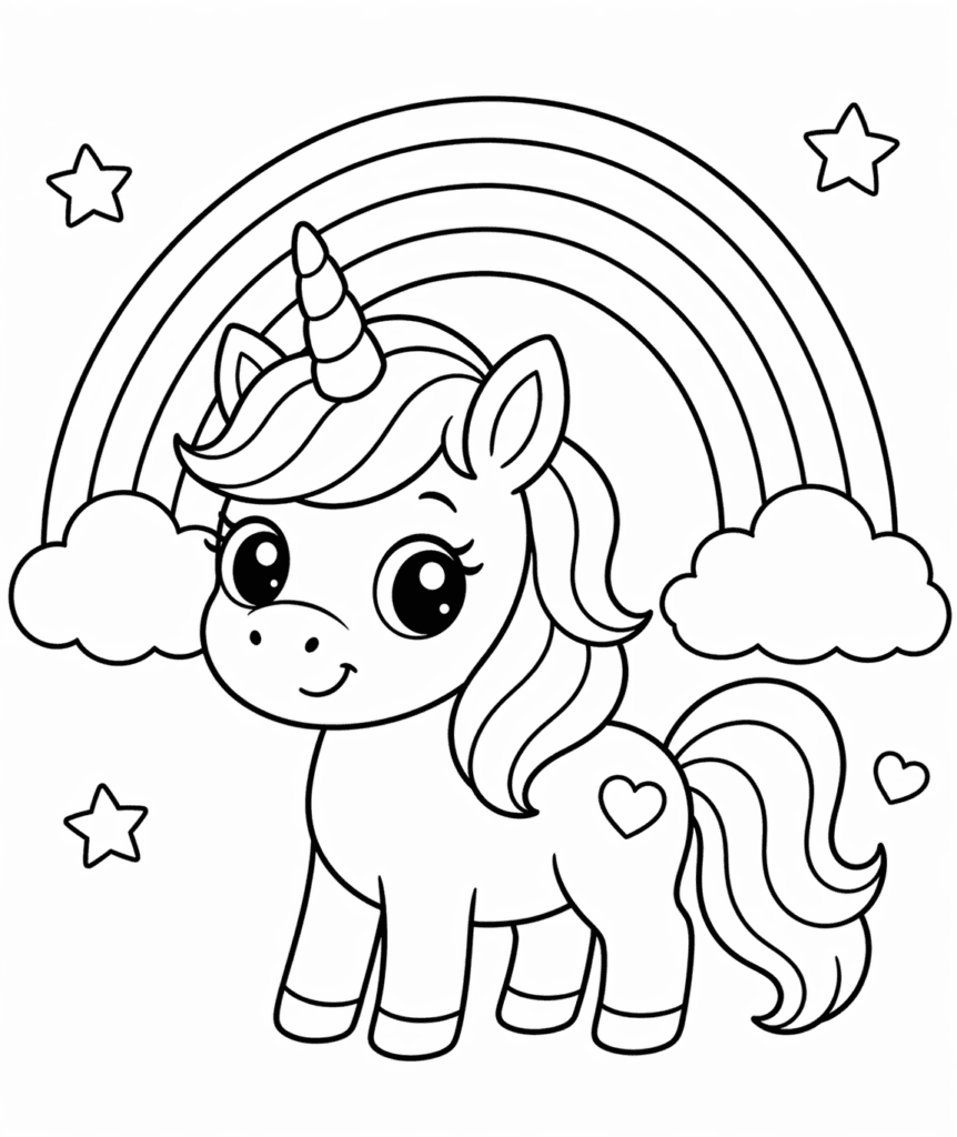 unicorn and rainbow coloring page simple for kids