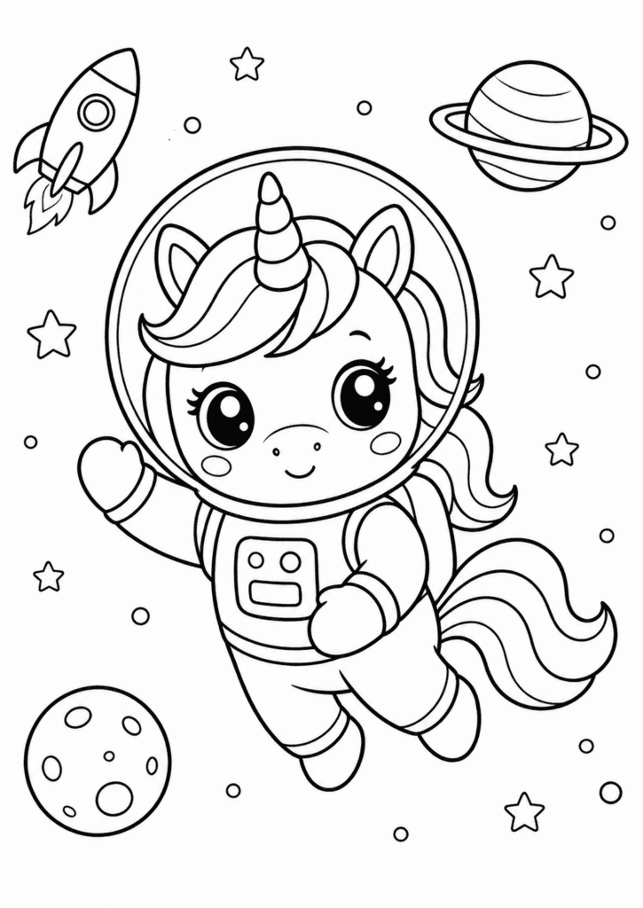 unicorn in space coloring page for toddlers simple