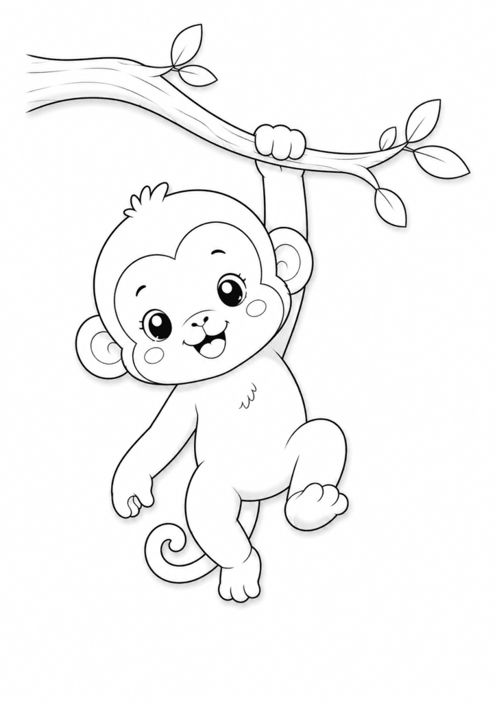 Cute baby monkey hanging from a tree branch coloring page