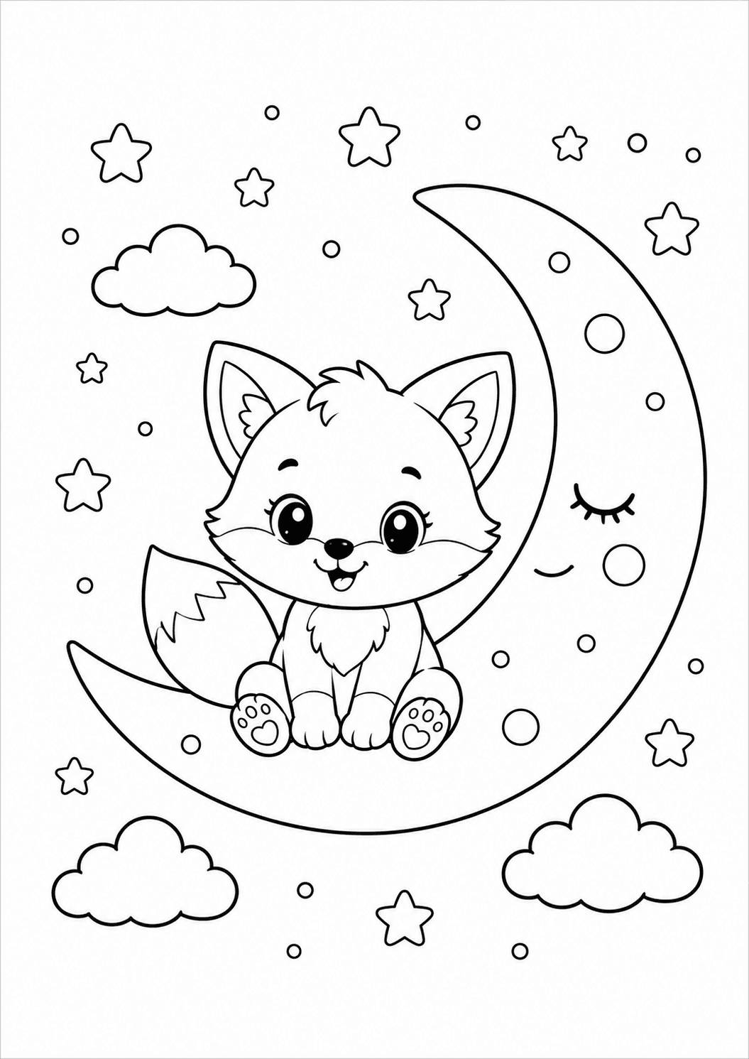 Fox Sitting on a Crescent Moon Coloring Page