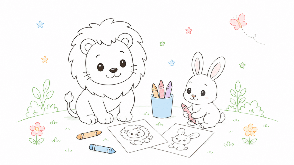 hero illustration with cute lion and bunny coloring pages for kids