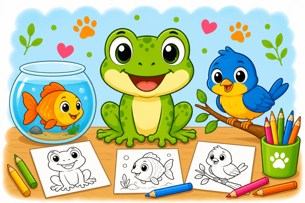 fish frog bird coloring pages
