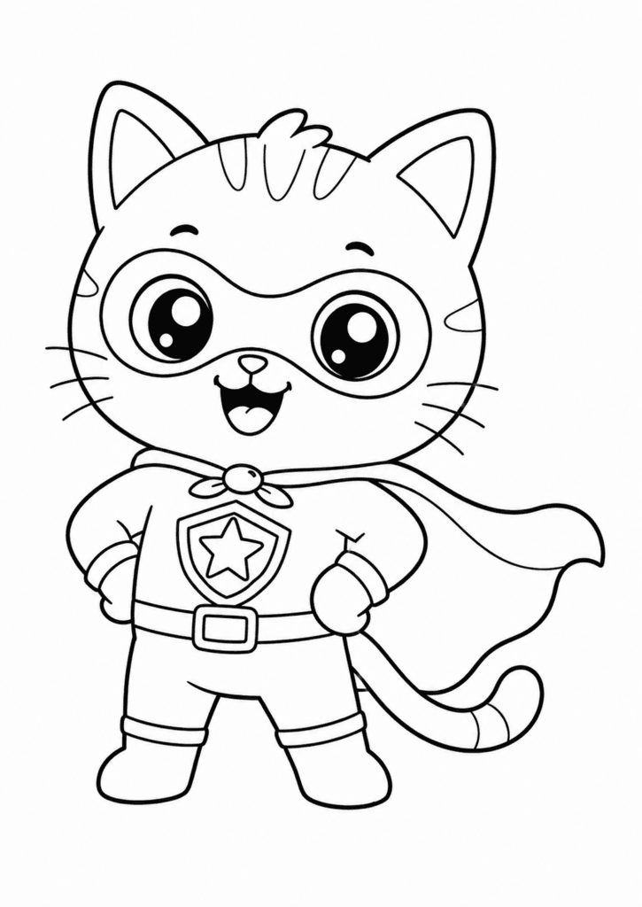 Superhero cat coloring page with cute kawaii cat hero