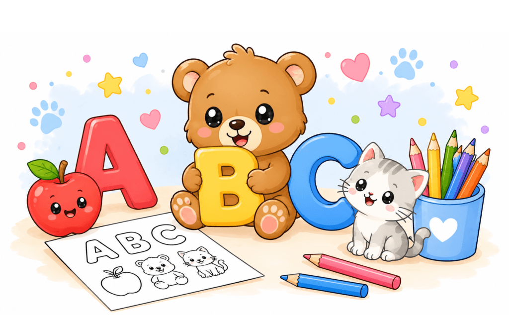 Alphabet Coloring Pages for Kids featuring letters A, B, C with apple, bear, cat and printable coloring sheet