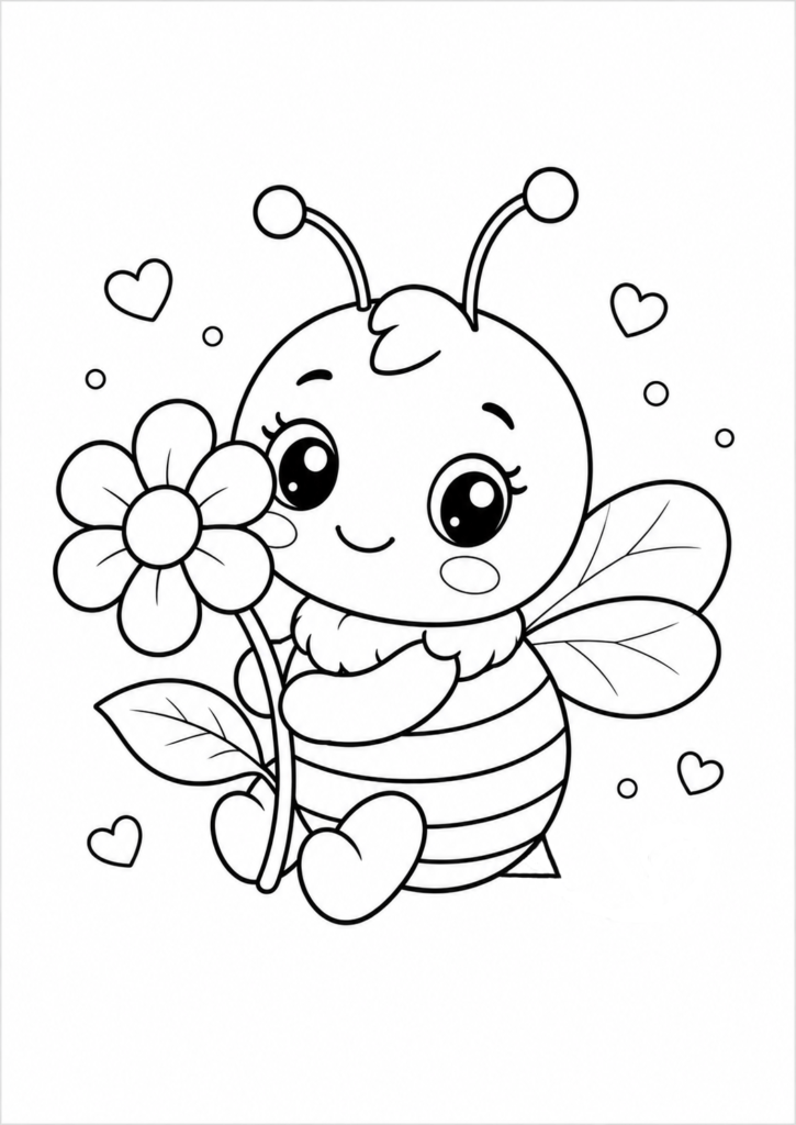 Cute bee with flower coloring page for kids