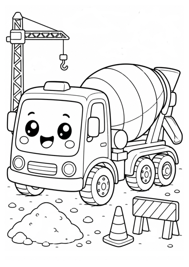 Kawaii cement mixer truck coloring page for kids