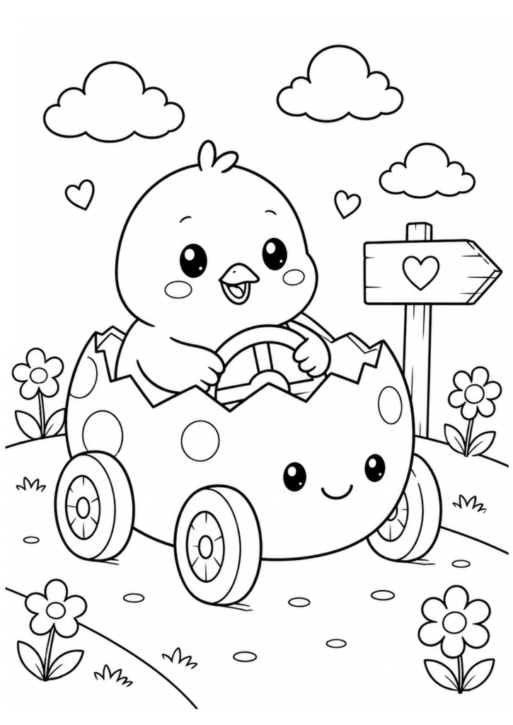 Chick driving an egg car coloring page