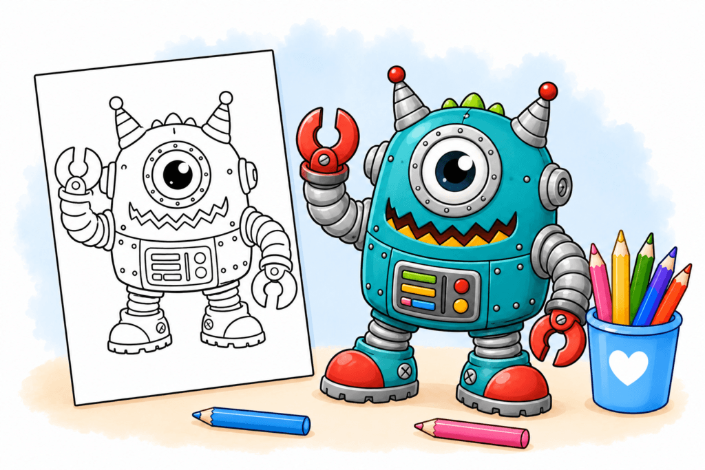 Robot and Monster Coloring Pages with a cute robot monster and coloring page