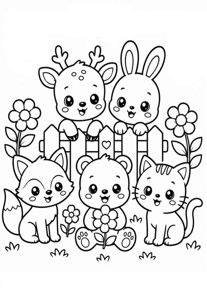 Cute animals in flower garden coloring page with bunny, deer, fox, bear, and kitten