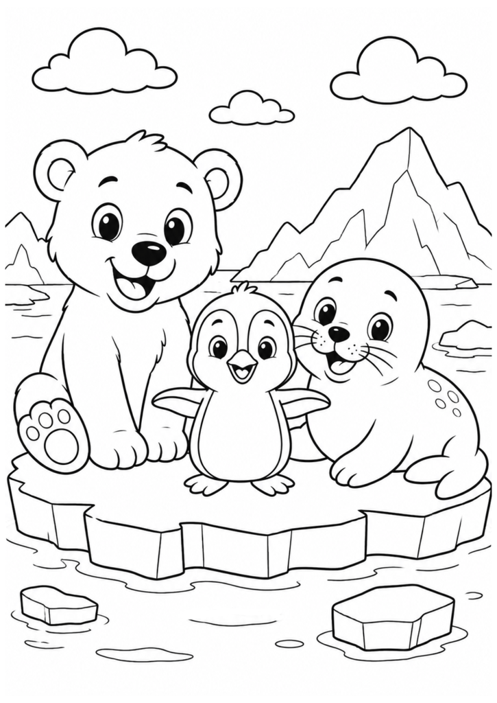 Cute arctic animal friends coloring page with polar bear penguin and seal