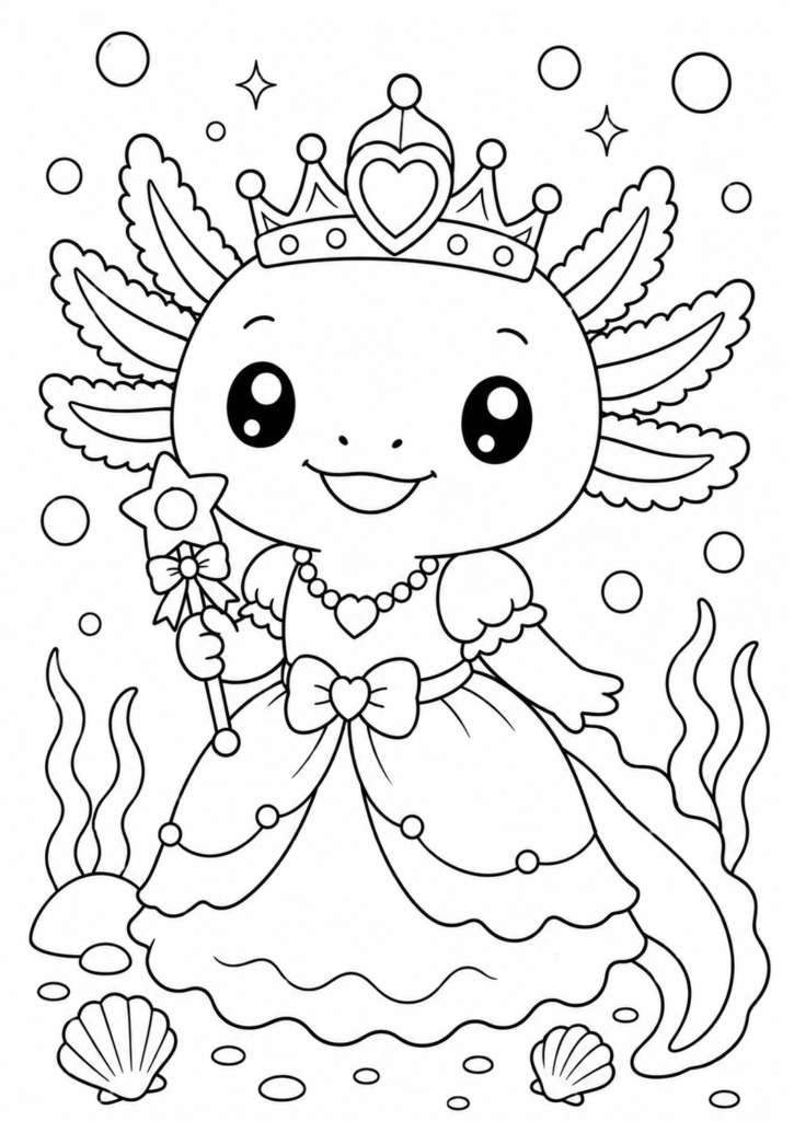 Axolotl princess coloring page for kids