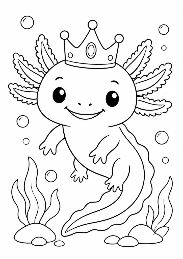 Axolotl with crown coloring page for kids