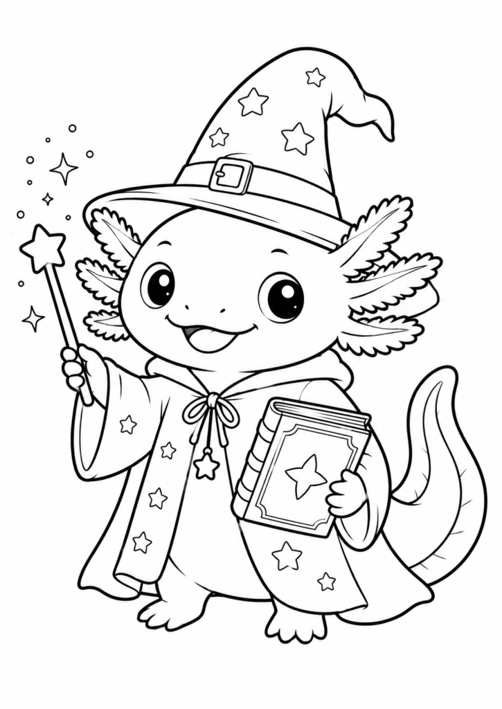 Cute axolotl wizard holding a magic wand and spell book coloring page