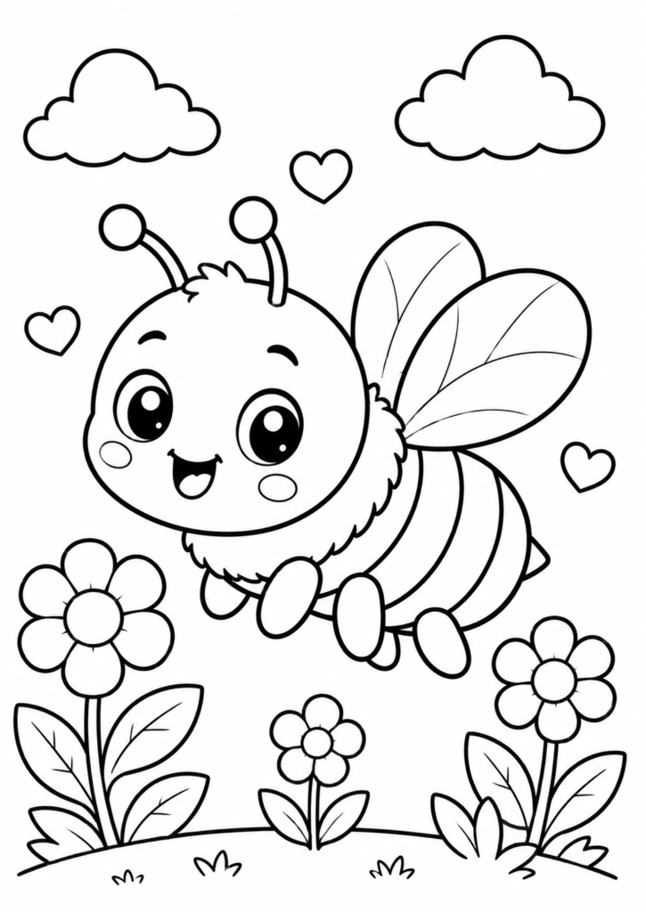 Cute baby bumblebee coloring page flying above flowers