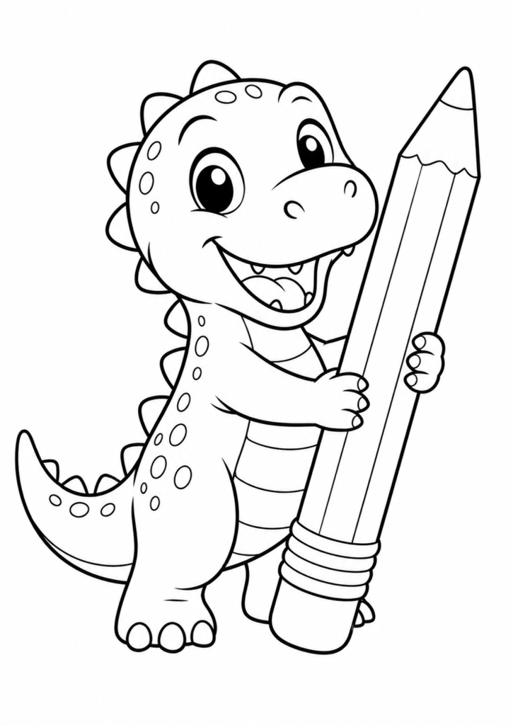 Cute baby dinosaur holding a giant crayon coloring page