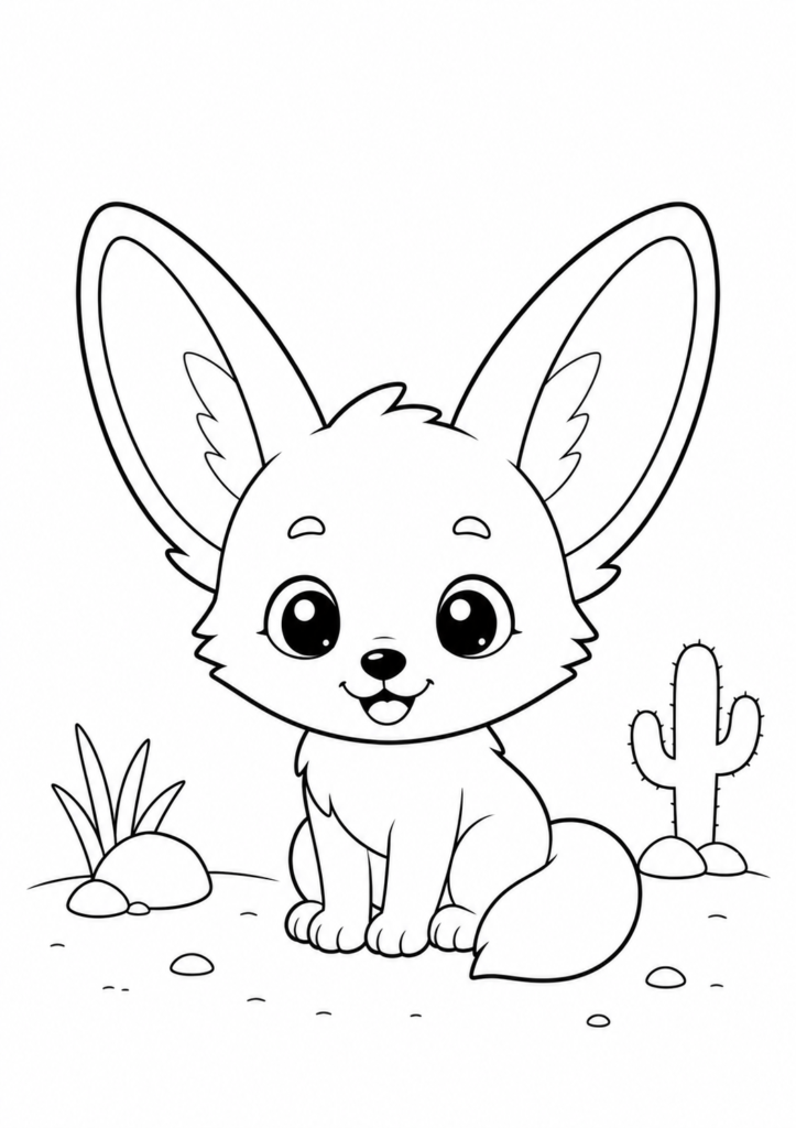 Cute baby fennec fox coloring page sitting in the desert