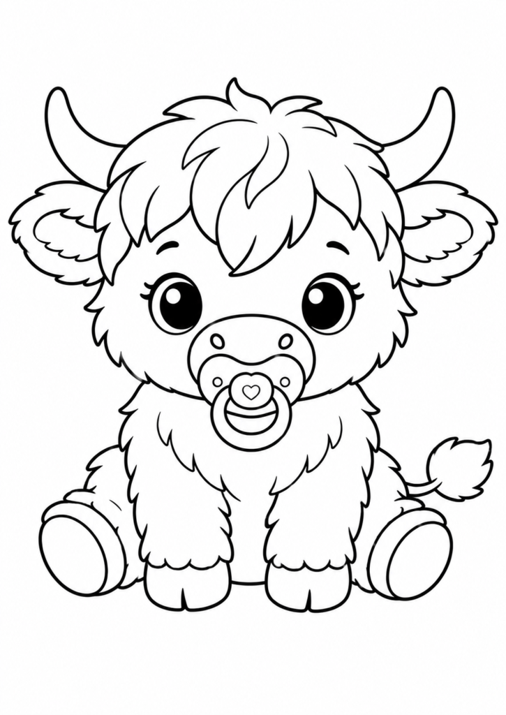 Baby Highland Cow with pacifier coloring page for kids