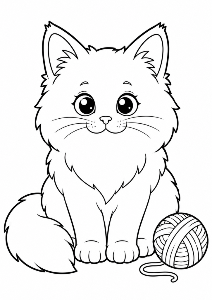 Cute baby Norwegian Forest cat with a yarn ball coloring page