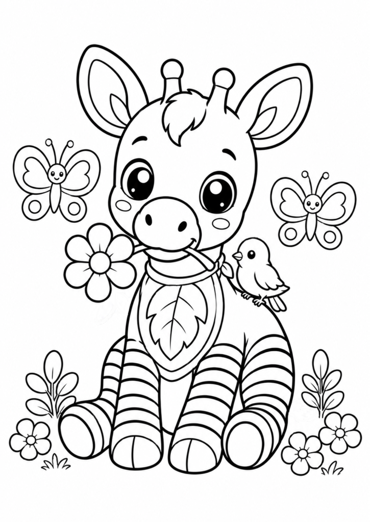 Cute baby okapi coloring page with butterflies, bird, and flower