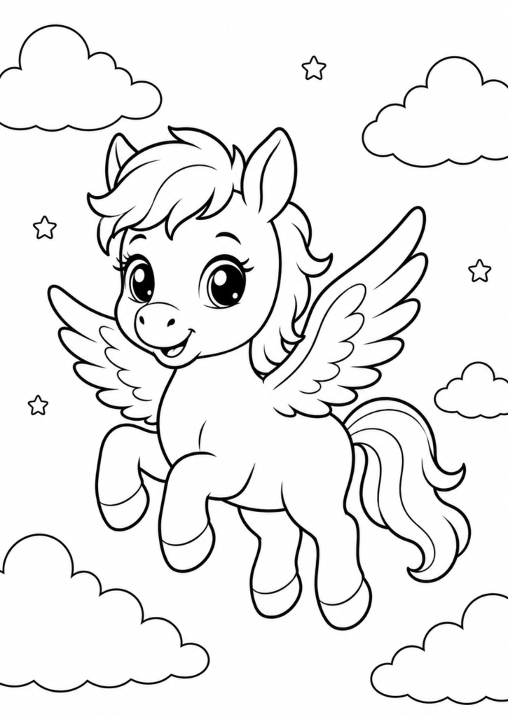 Cute baby Pegasus flying among clouds coloring page