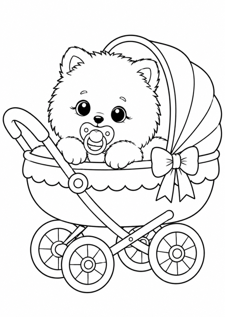 Cute baby Pomeranian puppy in stroller coloring page for kids