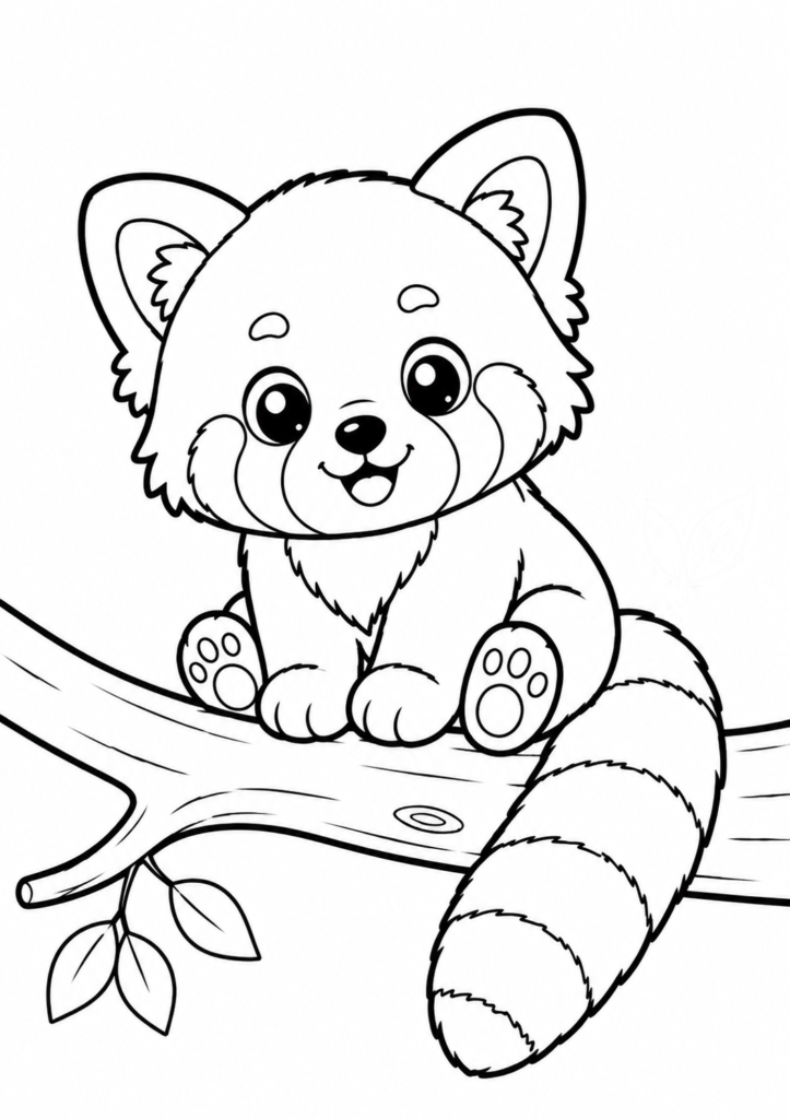 Cute baby red panda coloring page sitting on a tree branch