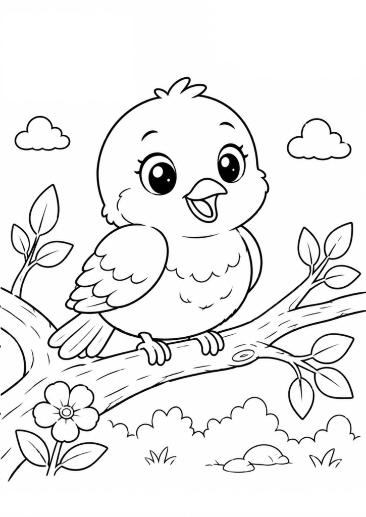 Cute baby robin coloring page sitting on a tree branch