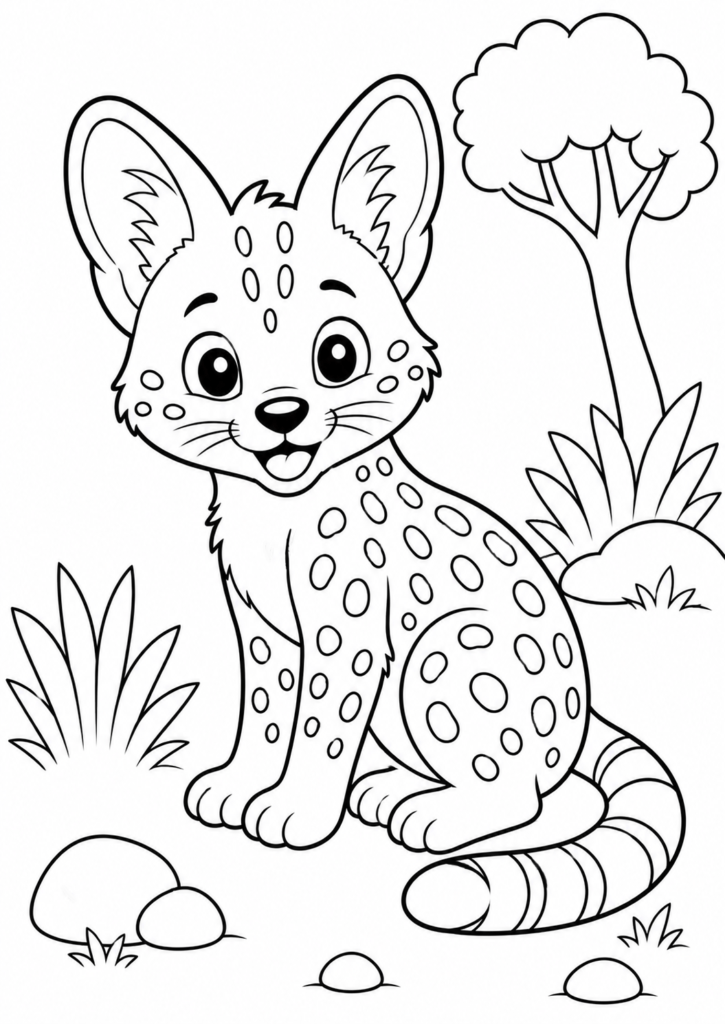 Cute baby serval sitting in a savanna coloring page