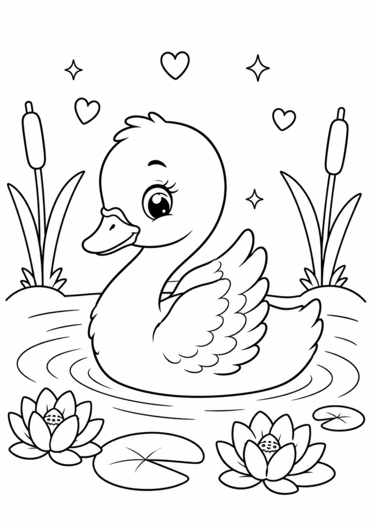 Cute baby swan coloring page floating on a pond