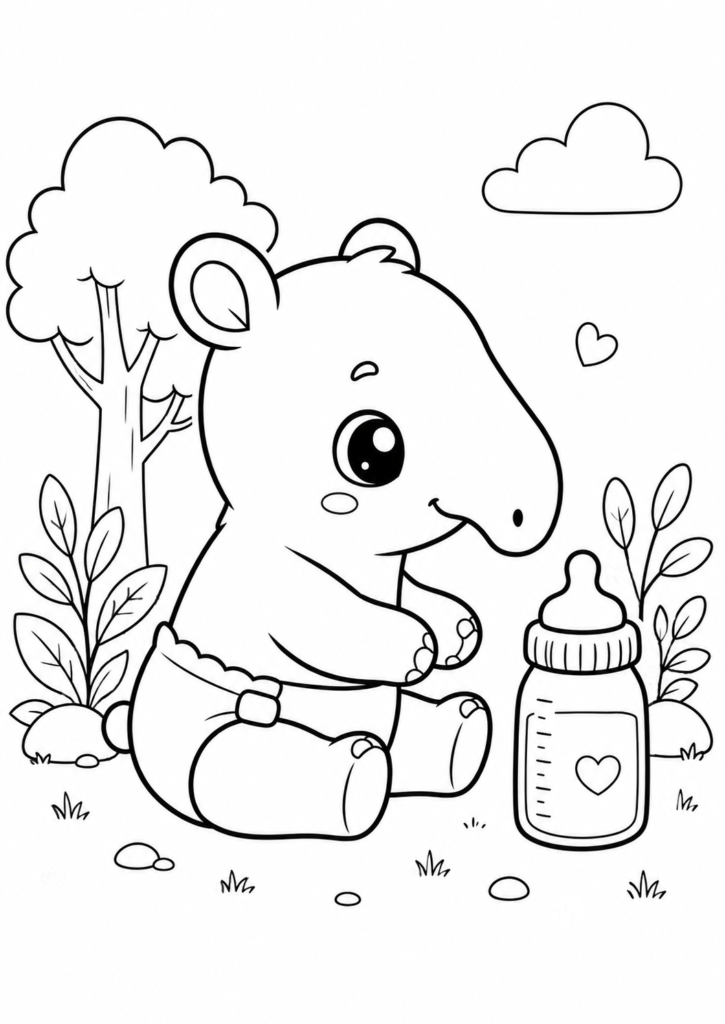 Cute baby tapir coloring page wearing a diaper with a baby bottle