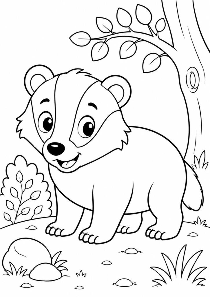 Cute badger standing in a forest coloring page