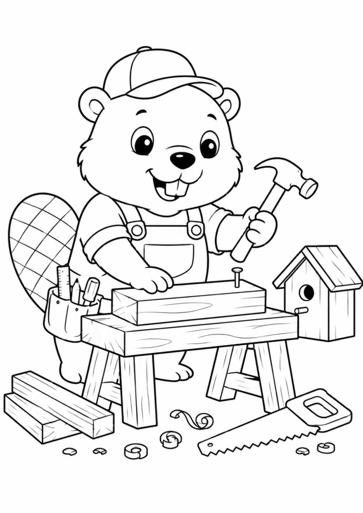 Cute beaver carpenter building a wooden birdhouse with a hammer coloring page