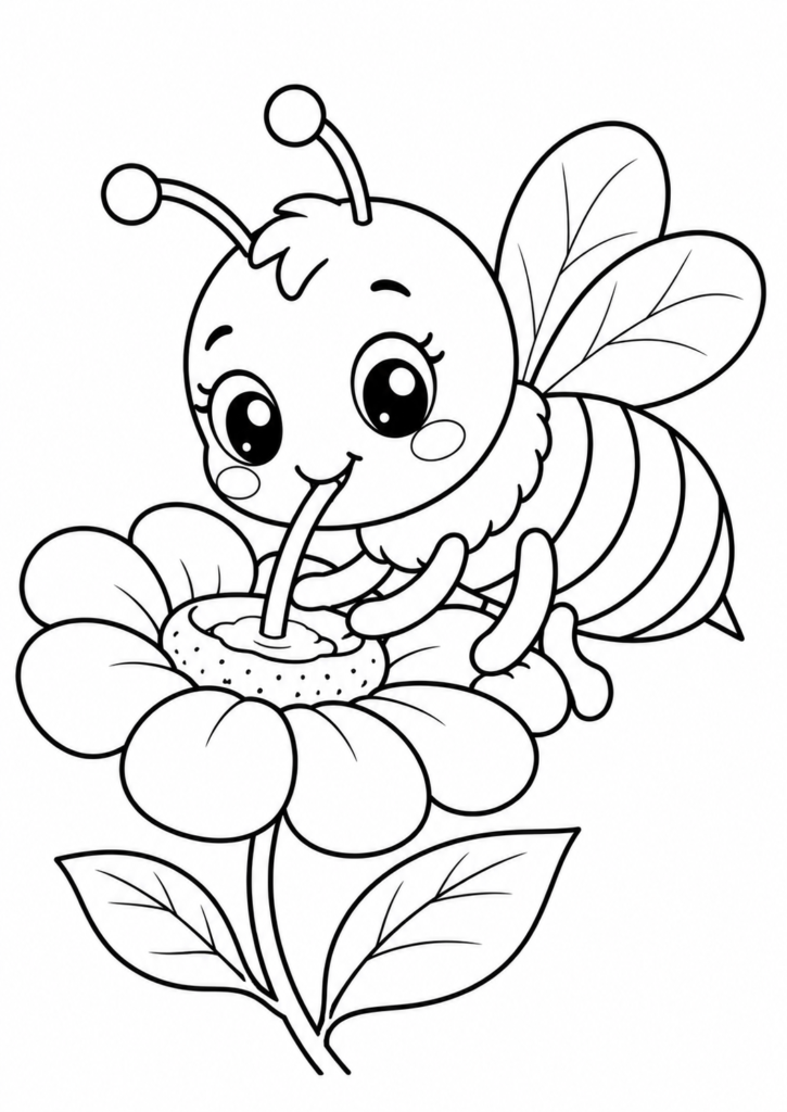 Bee drinking nectar coloring page for kids