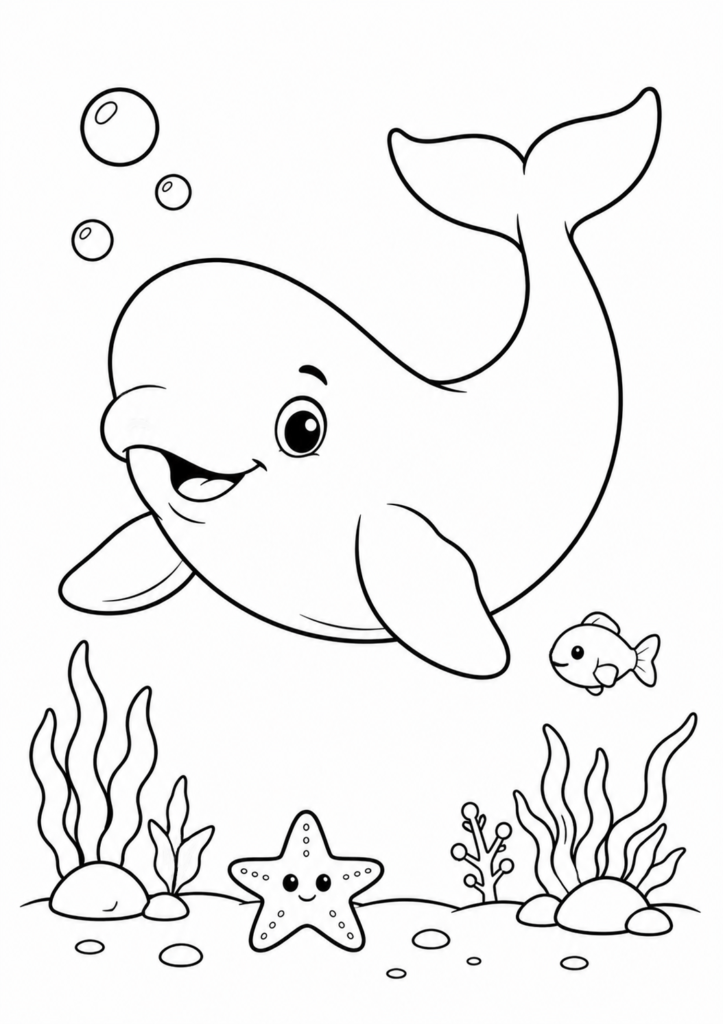 Cute beluga whale swimming underwater coloring page