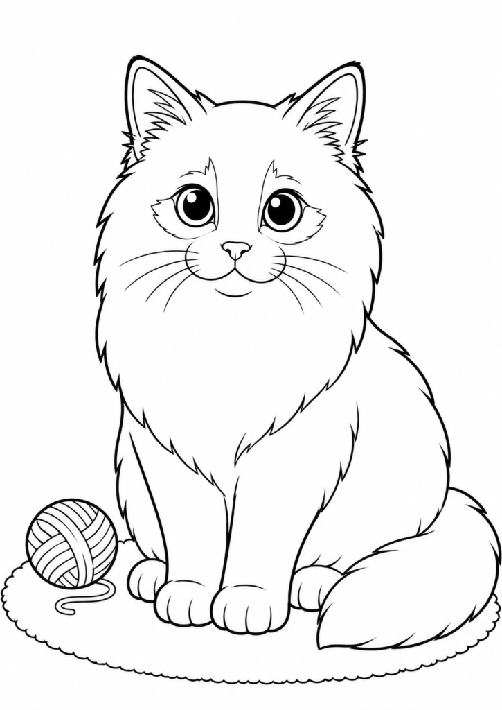 Cute Birman cat sitting with a yarn ball coloring page