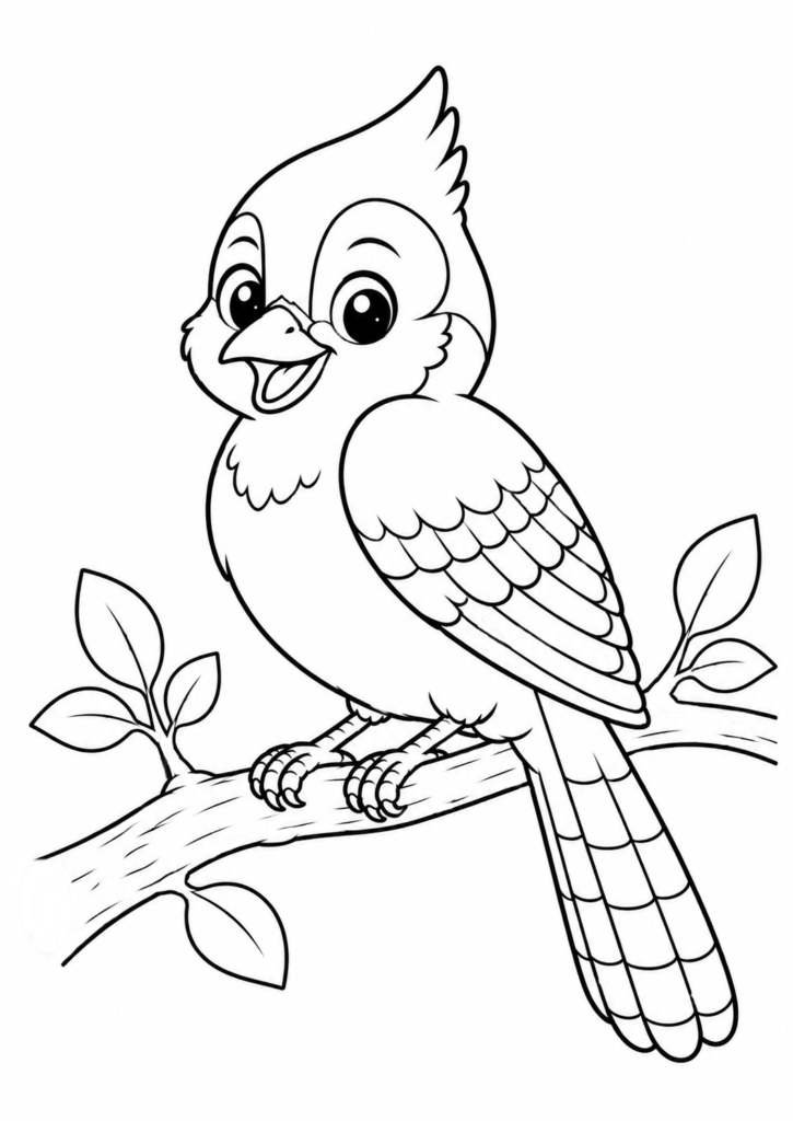 Cute blue jay coloring page sitting on a tree branch