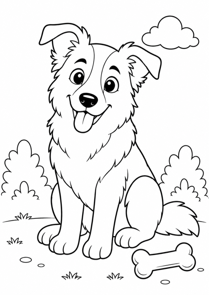 Cute Border Collie dog with a bone coloring page