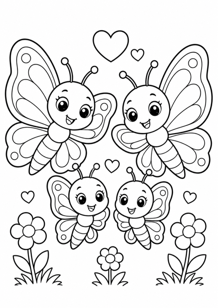 Cute butterfly family coloring page with parent and baby butterflies