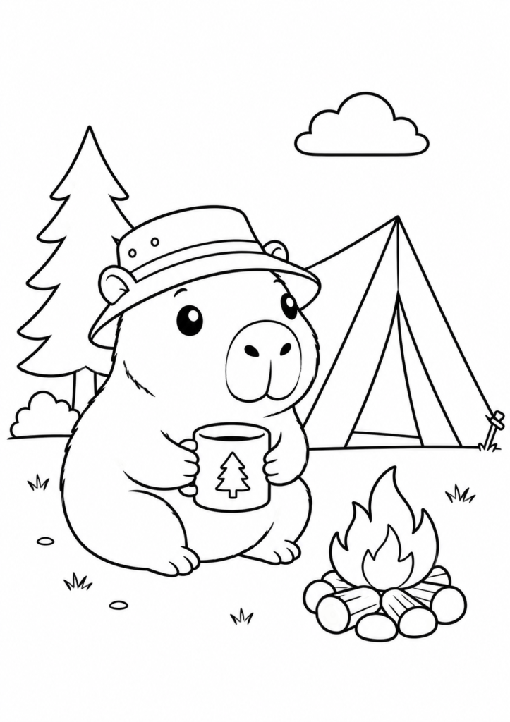 Cute capybara camping beside a campfire and tent coloring page