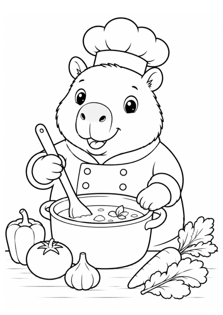 Cute capybara chef wearing a chef hat and stirring a soup pot coloring page