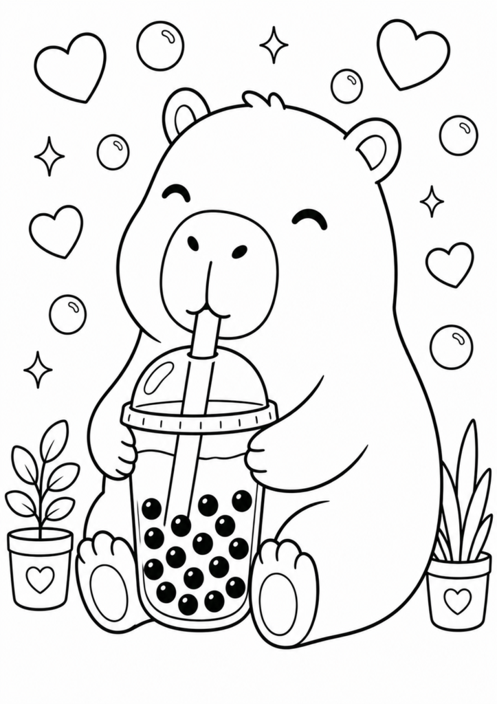 Capybara drinking bubble tea coloring page for kids
