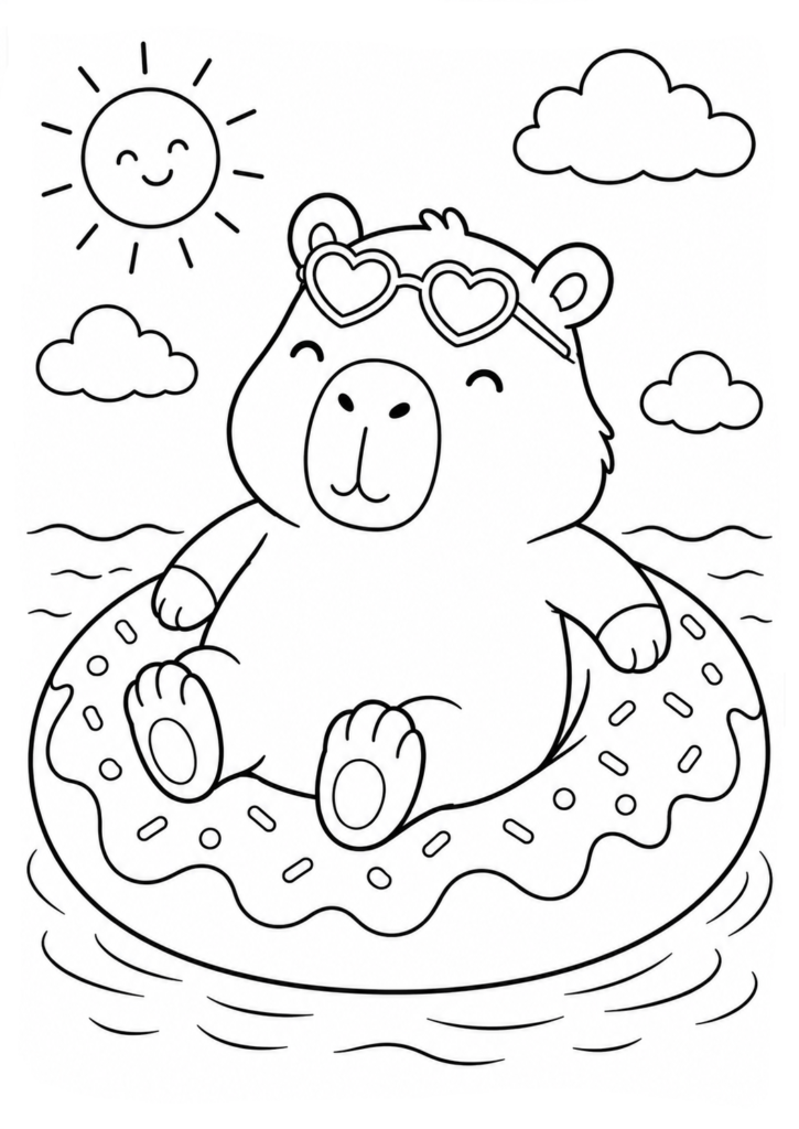 Capybara on donut float coloring page for kids