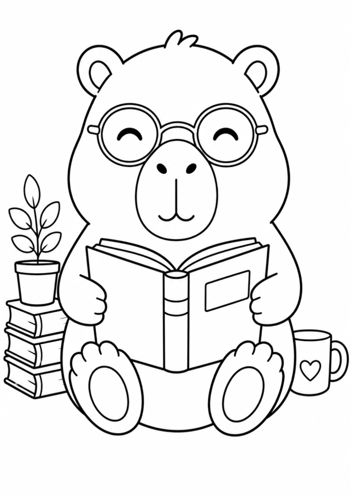 Capybara reading book coloring page for kids