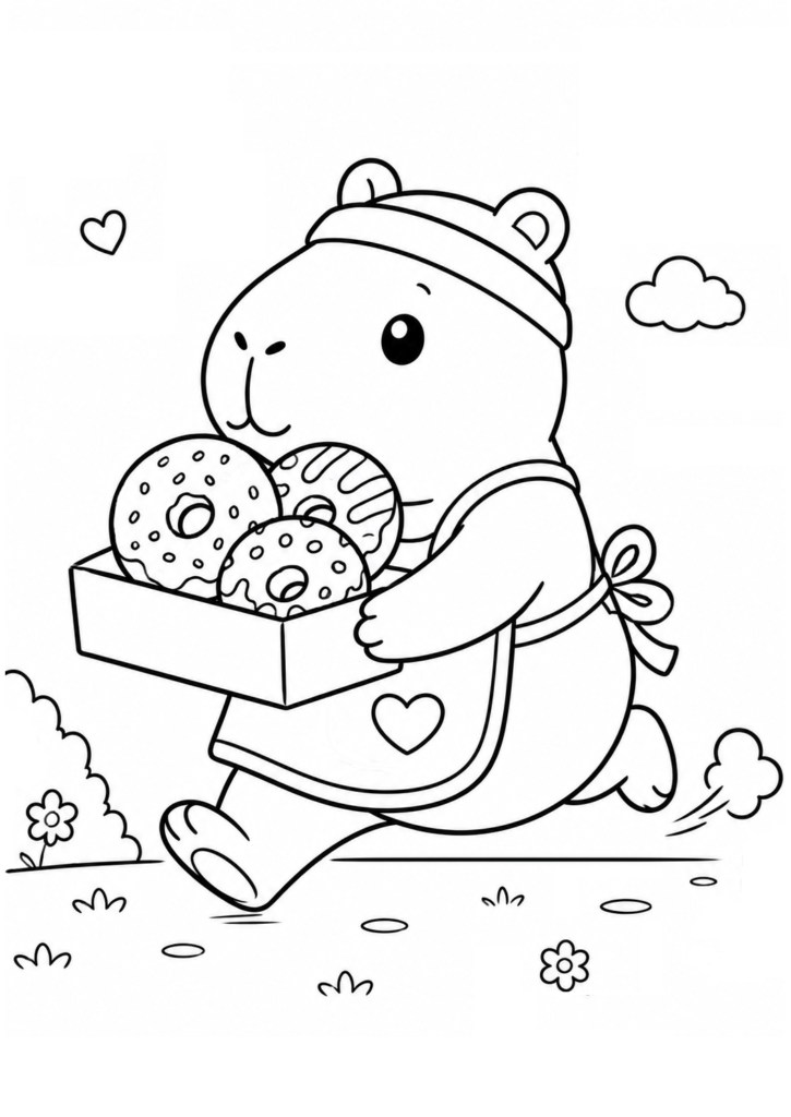 Cute capybara running with a box of donuts coloring page