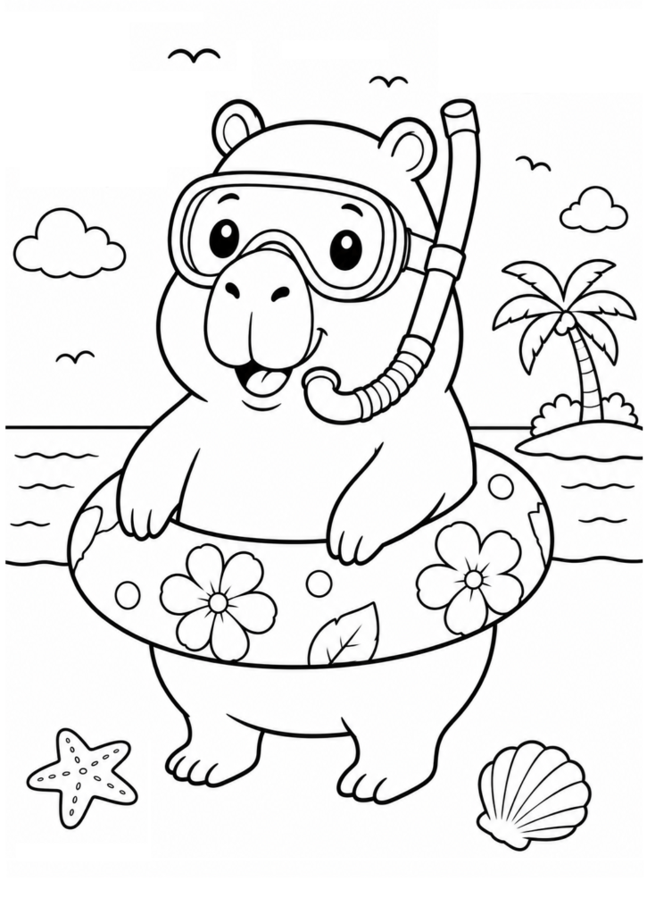 Funny capybara wearing snorkel gear and swim ring on the beach coloring page