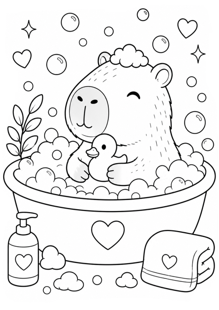 Capybara taking bubble bath coloring page for kids